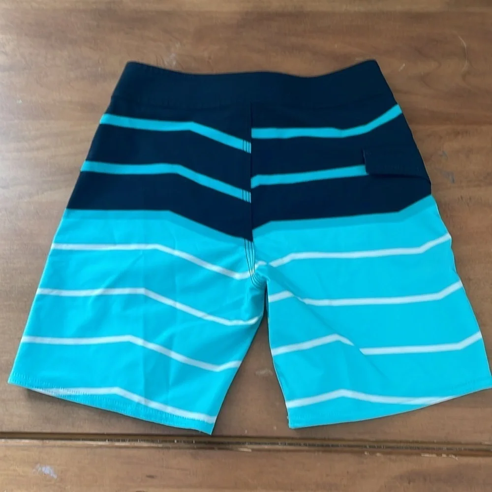 VOLCOM Boys Striped Board Shorts Size 25 Swim Trunks Blue Mod-Tech